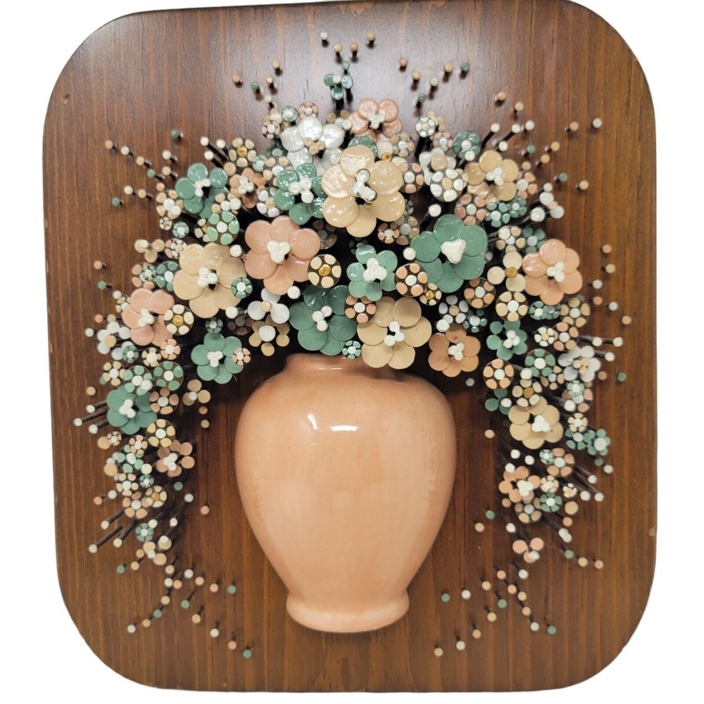 Vintage 70's Retro Hammered Nail Art Wooden Plaque Floral Bouquet Wall Decor 3D - Picture 6 of 6